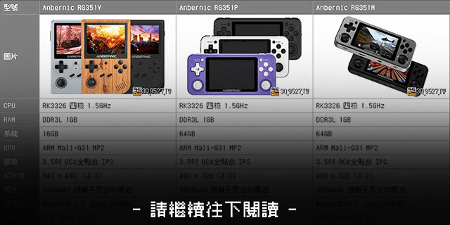 Anbernic開源掌機RK3326系列的RG351M、RG351P、RG351V規格比較表